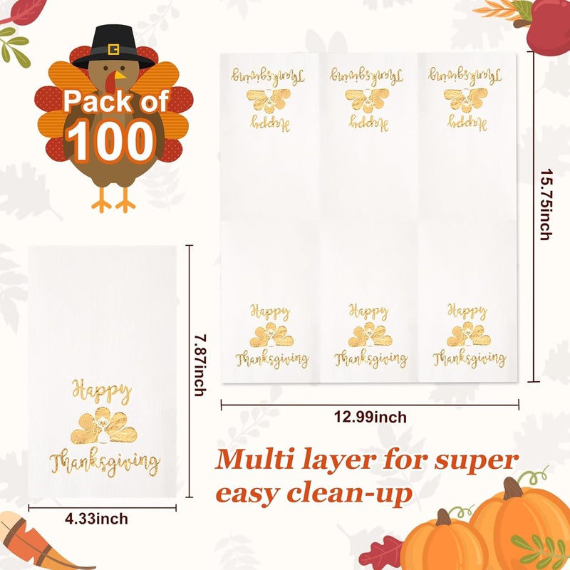 WDF 100 Pack Thanksgiving Napkins Paper - 3ply Fall Paper Napkins With Golden Turkey-15.8 x 13 Inches Disposable Napkins - Image 3